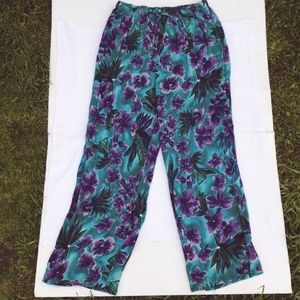 Vtg Floral Loose Cotton Pants Crinkle Effect